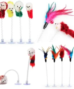 Funny Cat Toys Elastic Colorful Mouse With Feather Spring Bottom Sucker Toys