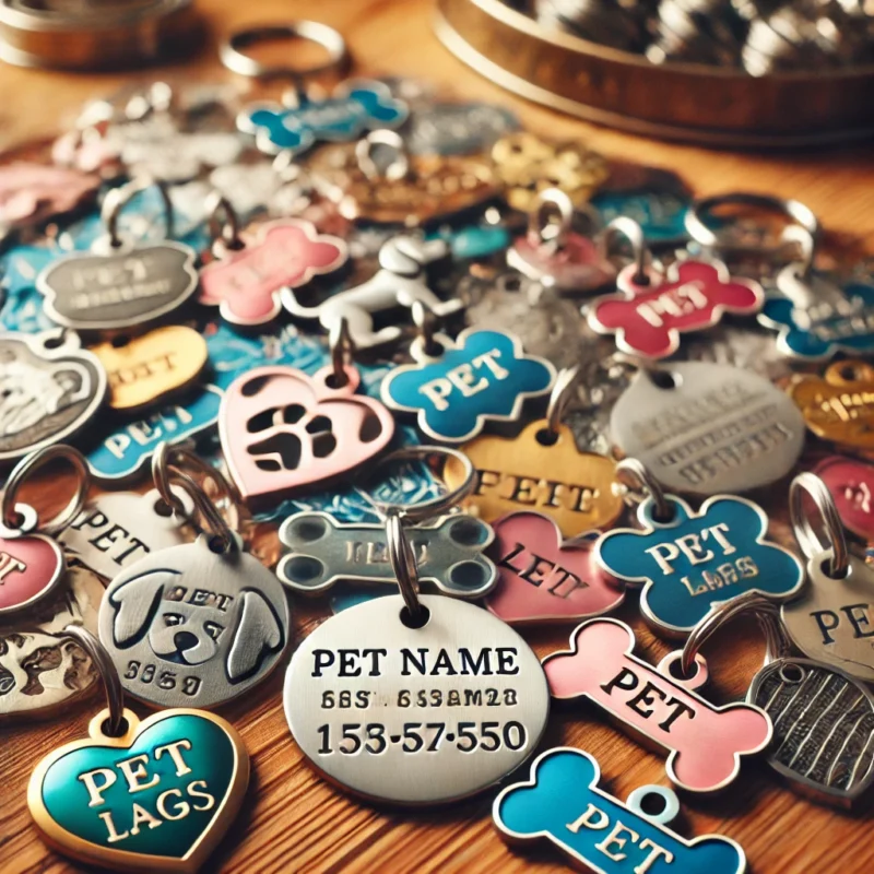 A close-up image of colorful pet ID tags in various shapes, including bones, hearts, and circles. The tags are made of shiny metal, engraved with pet names and contact information. Some tags are hanging from collars, while others are arranged neatly on a wooden table. The setting is warm and well-lit, emphasizing the importance of pets and their safety.