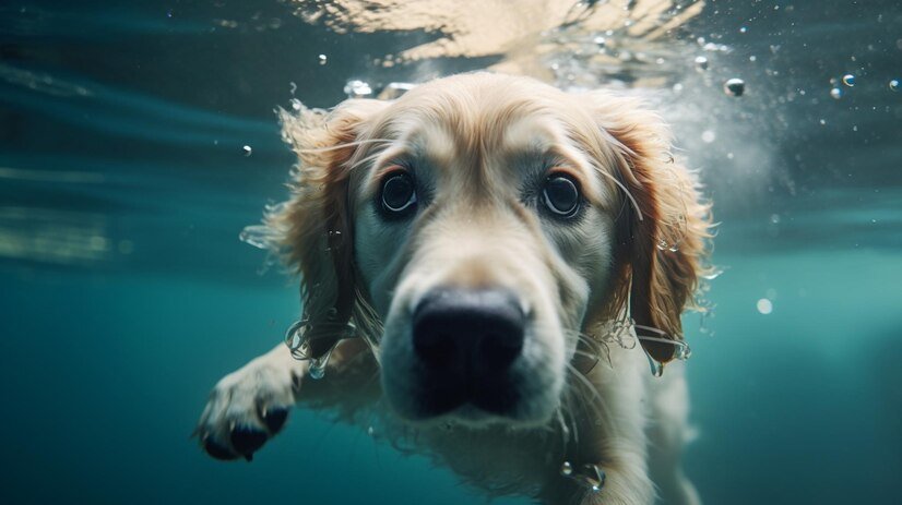 A playful dog swimming underwater, with its ears flapping and bubbles rising around it, showcasing its joyful expression as it dives through the clear blue water.