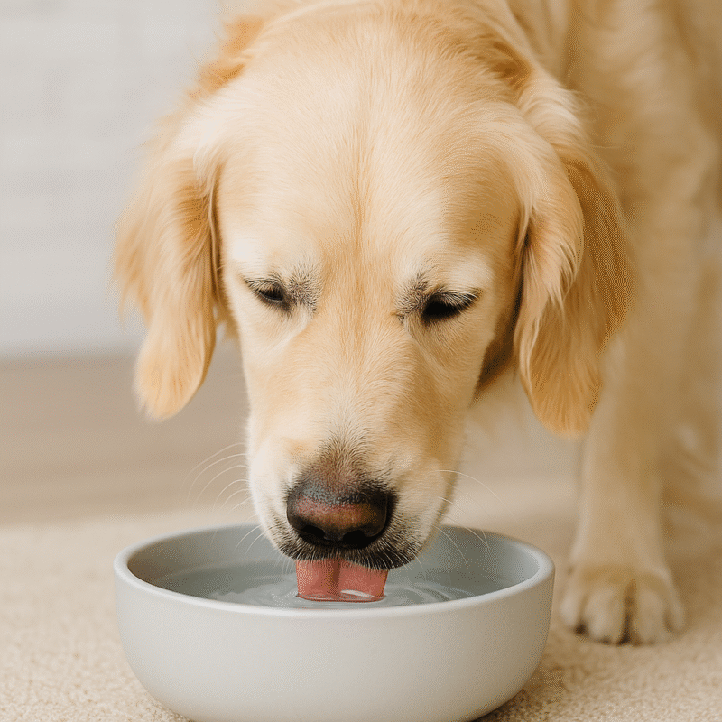 Golden Retriever drinking water from a ceramic bowl indoors.